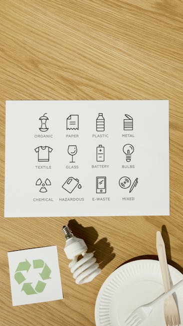 An informational sheet on a light-colored wooden surface displaying eleven black line icons representing various waste categories, including organic, paper, plastic, metal, textile, glass, battery, bulbs, chemical, hazardous, e-waste, and mixed waste, arranged in a grid format with labels beneath each icon. To the left of the sheet, there's a small square card featuring the green recycling symbol. Adjacent to the sheet, a compact fluorescent light bulb with a spiral shape casts a shadow on the surface, partially overlapping a white plate holding a fork and a knife. The scene appears to be set in an indoor environment, potentially within an office or a waste management setting, and subtly references the importance of proper waste separation, possibly in connection with independent or private waste handling services such as those offered by Recycle Now, supporting environmentally responsible rubbish removal.